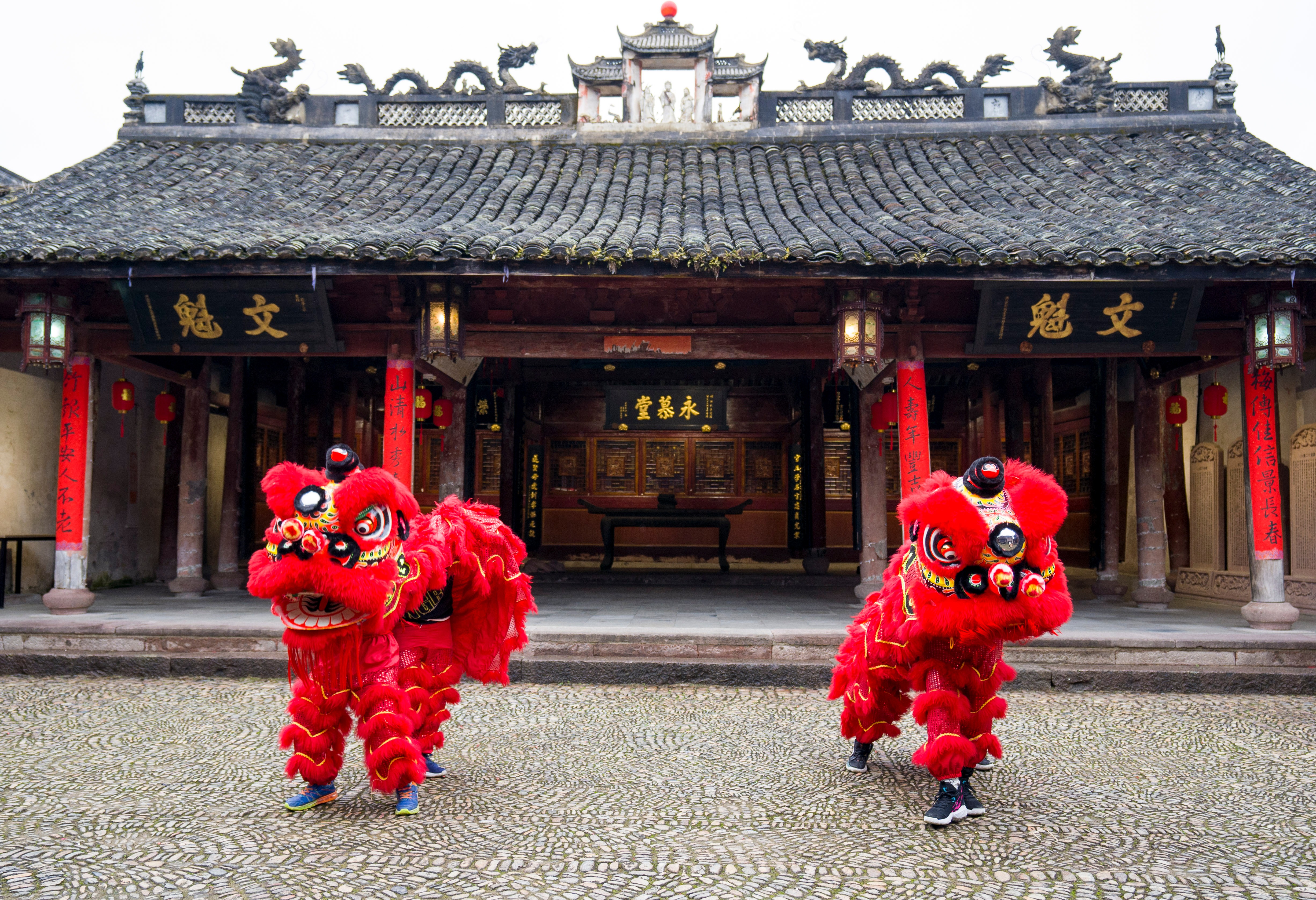 雄獅少年張鎮(zhèn)浩和舞獅隊的隊友們在前童鎮(zhèn)祠堂訓(xùn)練 寧?？h教育局供圖.jpg